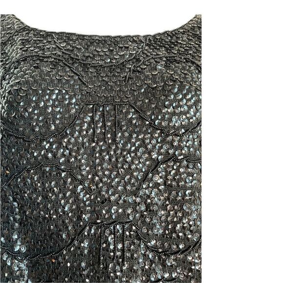 Vintage 1960s Black Sequined Crystal Embellishments Scalloped Formal Party Top M - Picture 11 of 17